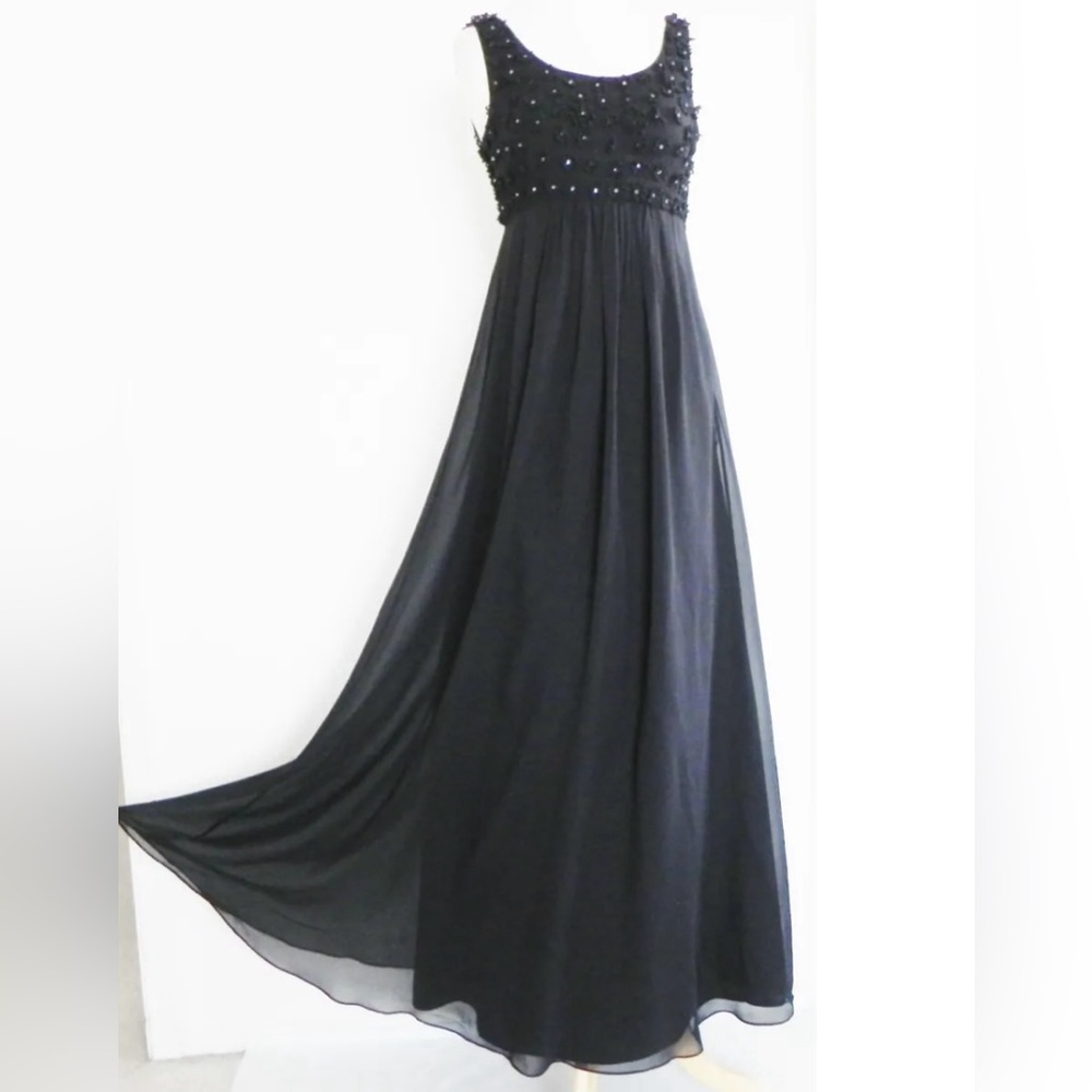 Vintage Betsey Johnson Black Silk Maxi Dress Y2K ‘60s Goth with Floral Appliqué